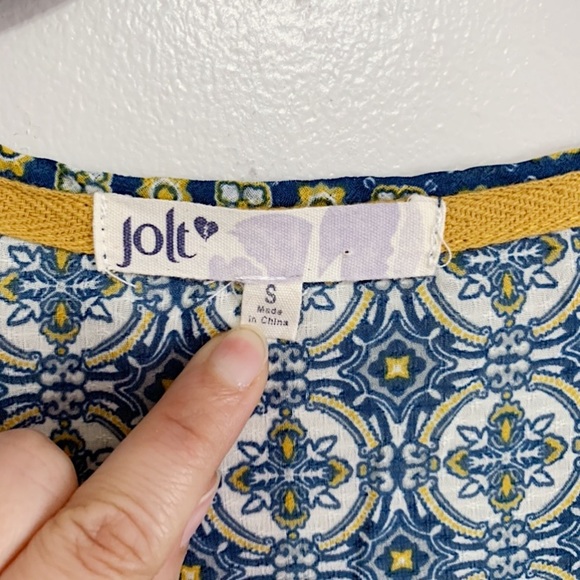 Jolt Women's Blue Tie Neck 3/4 Bell Sleeve Peasant Top - Picture 7 of 8